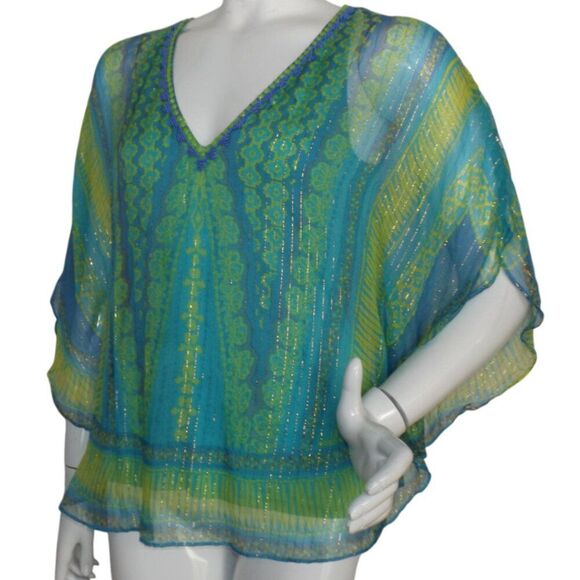 HALE BOB Top, M, Silk Layered Tank, Flutter Sleeves, V-neck, Blue/Green, Beaded - Picture 3 of 12